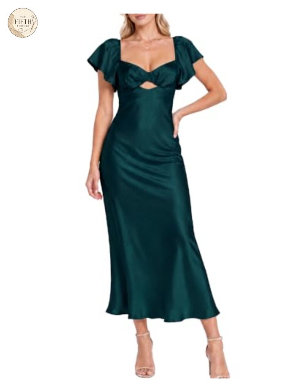 Women's Satin Midi Dress Flutter Sleeve Sweetheart Cutout Wedding Guest